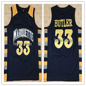 XFLSP # 33 Jimmy Butler Koleji Marquette Golden Eagles Basketbol Jersey Navy Bule Sarı Herhangi bir isim ve numarayı özelleştirin