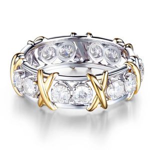 Professional Eternity Diamonique CZ Simulated Diamond 10KT White&Yellow Gold Filled Wedding Band Cross Ring Size 6-11