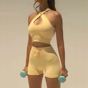 2 Piece Set Women Outfit Fitness Clothing Cross Crop Top Sports Bra Seamless Drawstring Biker Shorts Yoga Workout Clothes 220330