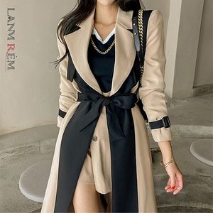 LANMREM Elegant Notched Collar Lady Patchwork Windbreaker Full Sleeve Buttons Belted Women Long Trench Coats Winter 2W1922 220804