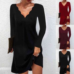 Elegant 2022 Early Spring V Neck Solid Color Dress Women Clothing Fashion Sexy Casual Long Sleeve Vestidos Pullover Party Dress Y220401