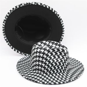 Houngstooth Print Fedora Hat с Black Doint Men Big Breim Открытый Trend Trend Hat Panama Женская Джаз Главная Шляпа для Партии Свадьба