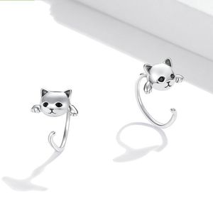 S925 Silver Minimalist Cute Cat Tail Stud Earrings for Women Animal Fashion Earring Jewelry D3