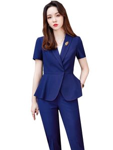 Kvinnors tvåbitar byxor Blue Black Slim Business Pant Suit Women Office Lady Summer Work Wear 2 Set Kvinnlig kort ärm Formell blazer och TR