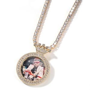 New Custom Crown Round Photo Pendant Necklace Gold Silver Copper Inlaid Zircon Personality DIY Fashion Pendant Necklaces