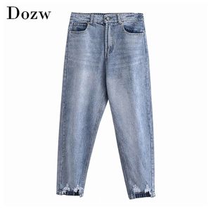 Casual Blau Farbe Harem Hosen Frauen Löcher Zerkratzt Retro Lange Länge Jeans Dame Baggy Lose Hosen Pantalon Femme 210515