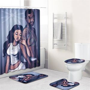 Afrykańscy mężczyźni i kobiety Zestaw zasłony prysznicowej Wodoodporna zasłona w kąpieli 180x180 cm z zestawem maty łazienkową T200102