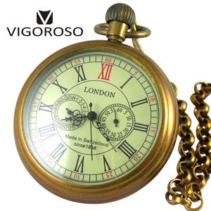 VIGOROSO Collectible Antique Old Copper Mechanical Pocket Watch FOB Chain Hand Winding Roman numerals 1224 Hours Vintage Clock 220718