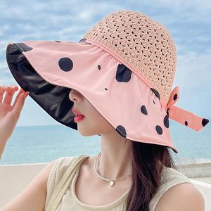 Summer Polka Dot Breathable Hats Women Seaside Holiday Fisherman Hat Hollow Vinyl Beach Sunshade Caps