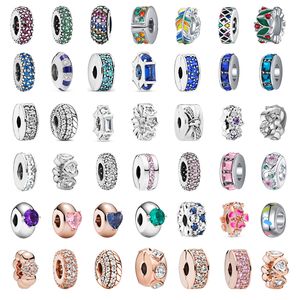 Ciondolo in argento sterling 925 Nuovo zircone colorato Fiori Piume Perline lucide Clip Bead Fit Pandora Charms Bracciale Accessori gioielli fai da te