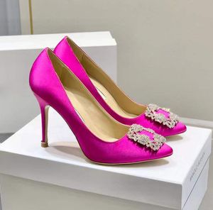 Pumps Dress Shoes Womens High Heeled100mm Fuchsia silk Slip-on High-Heeled Stiletto Round Toes Heels Luxury Designers Crystal-Embellished Evening shoes with box