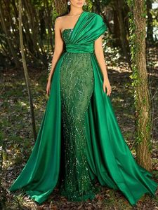 Glitter Emerald Green Sequined Prom Dresses Beading Luxury Formal Evening Gowns One Shoulder Celebrity Party Dress Women Special Occasion Wear 202