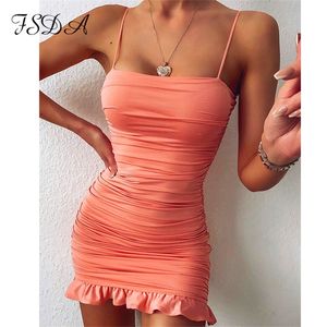 FSDA Ruffles Strap Dress Sexy Bodycon Mini Summer Ruched Sleeveless Backless Party Clubwear White Dresses Black 220702