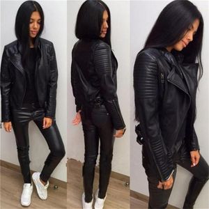 Ladies Leather Jackets Black Slim Moto Bikers Jacket Women Long Sleeved Zipper Spring Autumn Outerwear Leather Coats 220815