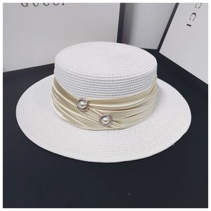Original French White Straw Hats Female Flat Top Elegant Hat Seaside Vacation Pearl Sunshade Caps