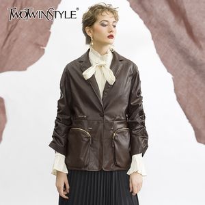 TWOTWINSTYLE PU Leather Ruched Womens Coat Puff Sleeve Notched Pocket Drawstring High Waist Female Coat Autumn Fashion 201030