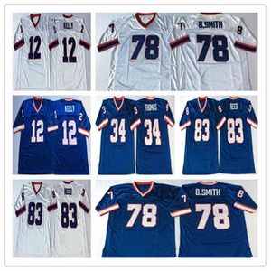 Chen37 tani mężczyźni retro Jim 12 Kelly Thurman 34 Thomas 78 Bruce Smith 83 Andre Reed Vintage Football Jerseys Sticthed Blue White S-3xl