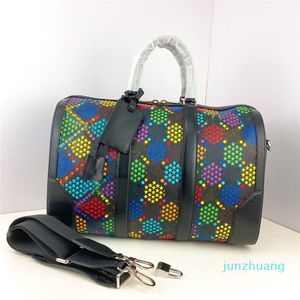 2022 Tasarımcı Duffel Tote Çanta Crossbody 601294 Psychedelic Black Boston Duffle Bagaj Büyük Deri Seyahat Lüks Tavalar Çapraz Vücut Gece Çantalar 44cm