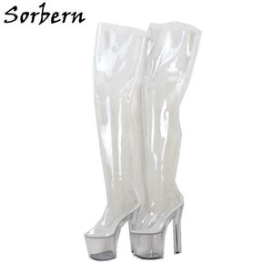 SORBERNクリア透明ブーツセクシーフェチ靴膝太ももハイブーツユニセックス20センチのヒール/ 9cmプラットフォーム女性靴