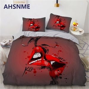 AHSNME 3D Digital Printing Custom Bedding SetQuiltDuvet Cover Set Twin Full Queen KingBedclothes Gray Kiss lips Drop Duvet Cover 220616