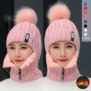 Beanie/Kafatası Kapakları Kadın Yün Örme Şapka Seti Setleri Kadın Rüzgar Yalıtımlı Kış Dış Mekan Kalın Siyam Eşarp Yakası Sıcak Ponponlar Cap Beanie Hats Da