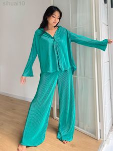 Hiloc Butterfly Sleeve Nightwear Women Suitターンダウンカラー特大の衣類セットルーズ冬セット女性2ピースホームウェアL220803