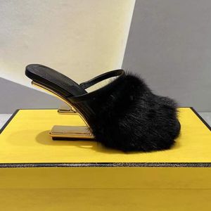 Sculpted high-heeled Fur mule slippers Metallic high heels open toes slip-on slides Mink hair sandals for women luxury designer shoes factory footwearSize 35-43