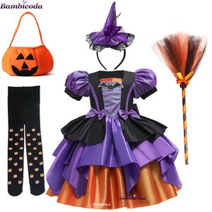 Special Occasions Girls Fancy Pumpkin Halloween Dress Kids Cosplay Bat Print Witch Costume Festival Party Ball Gown Children Princess 220826
