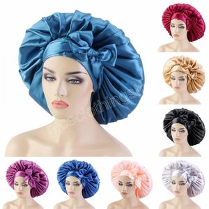 Nya stora afrikanska kvinnor Pure Color Satin Long Ribbon Night Cap Soft Rayon Women Lace Up Night Hair Care Beauty Sleep Hat