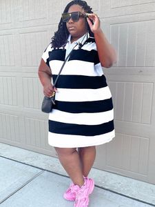 Plus Size Dresses Women 2022 Wholesale Black White Striped Print Neck Short Sleeve T-shirt Dress DropPlusPlus