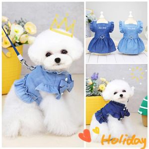 Dog Collars & Leashes Cute Ruffles Denim Dress Harness With D-Ring Summer Puppy Outdoor Walking Chest Strap Shirt Cat Jeans Vest Pets Clothe