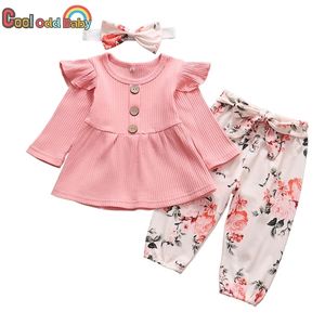 3PCS Autumn Born Baby Girl Ubrania Zestaw Różowe wierzchołki kwiatowe spodnie Print Pałąk Słodki niemowlę odzież 3 miesiące stroje 220509