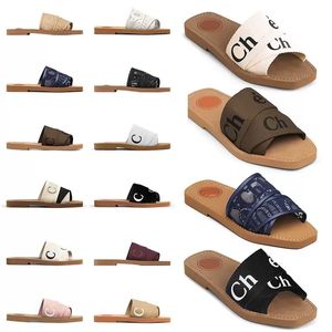 Sandálias de designer de luxo Woody para mulheres woody mule flat slides bege claro bege branco preto rosa laço tecido letras chinelos de lona sandálias sandálias femininas de verão