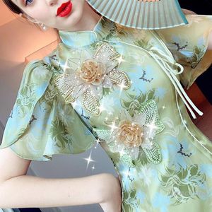 Partykleider Sommertemperament Nationaler Stil verbesserte Blumenchongsam Kleid für Frauen Mode Blume Perlen Miniparty