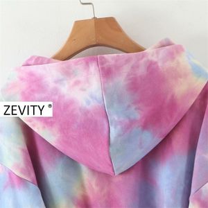 Zevity Women Vintage Tie färgade tryck avslappnade korta huva tröjor Damer Listra Croped Hoodies Chic Pullover Tops H351 201203