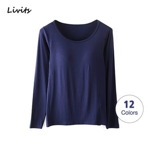 Mulheres tamis de camisetas Buili em sutiã acolchoado Modal Tops Tshirts de manga longa lisa sexy casual coreano Spring outono 210317