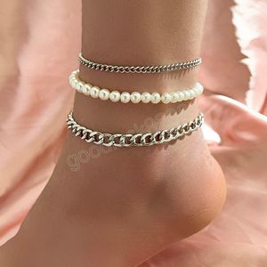 Trendy Pearl Silver Chain Spliced Anklet for Women Fashion Beach Metal Barefoot Bracelet on Foot Simple Jewelry