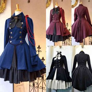 Medieval Retro Gótico Preto Laço Corrente Laço Lolita Casaco Mangas Compridas Folho ic Vestido Lolita Fino Na Altura Do Joelho Cosplay Clot L220714