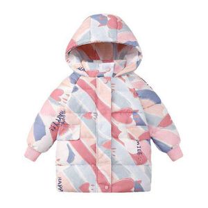 New Winter Children Cotton Quilted Jacket 2-8T Stand Collar Hooded Cute Girls Medium And Long Thickened Cotton Quilted Jacket J220718