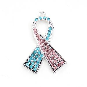 20 Pcs/Lot Custom Pink And Blue Rhinestone Pendants Ribbon Shape Breast Cancer Awareness Medical Charms For Nurse Accessories