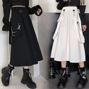 Houzhou Gothic Длинная юбка Женщины Mall Goth Punk Change Pocket Свободные ремень Черная высокая талия MIDI Grunge Harajuku Streetwear 220401