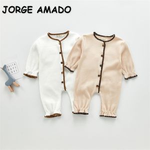 Koreanska stil höst baby flickor pojkar romer vaffel stickning runda krage långärmad pullover tjock jumpsuit e05 220426