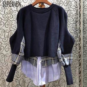 슈퍼 아인 가짜 2 피스 풀오버 스웨터 여성 봄과 가을 pluz 크기 2021 새로운 줄무늬 격자 무늬 스티칭 스웨터 여성 210203