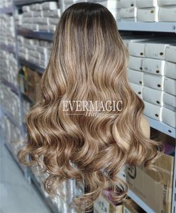 Perücken mit tiefem Teil und Spitzenfront, Balayage-Ombre-Highlight, honigblond, super natürlicher Haaransatz, Promi-Stil