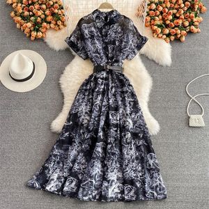 FTLZZ Summer Casual A Line Polo Collar Pullover Chiffon Women Dresses Floral Print Puff Sleeve Lady Short Dress 220516