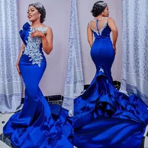 2022 Royal Blue Evening Dresses Jewel Neck Mermaid Sweep Train Beaded Lace Applique Prom Party Gown Formell Tillfälle Använd Vestidos Plus Storlek