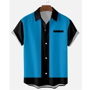 Mens 50s Vintage Bowling Button Up Shirt Patchwork Printed T Shirts För Män Sommar Ljus Lapel Kortärmad Blus Tops 220322