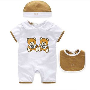 Nowa moda letnia 3 szt. Ubrania nowonarodzone unisex bawełniane krótkie rękawie dla niemowlęcia chłopiec dziewczyna Romper and Hat Bibs Sets 0-3 miesiące G220510