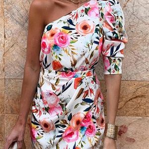 Summer Dress One Shoulder Floral Print Bodycon Women Sleeve Plunge Oregelbundet sexigt parti ES Vestidos de Mujer 220521