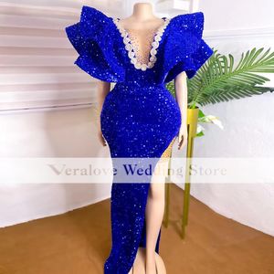 Veralove Robe De Soiree De Mariage Königsblau Abendkleider Pailletten Meerjungfrau Aso Ebi Prom Kleider Benutzerdefinierte Größe